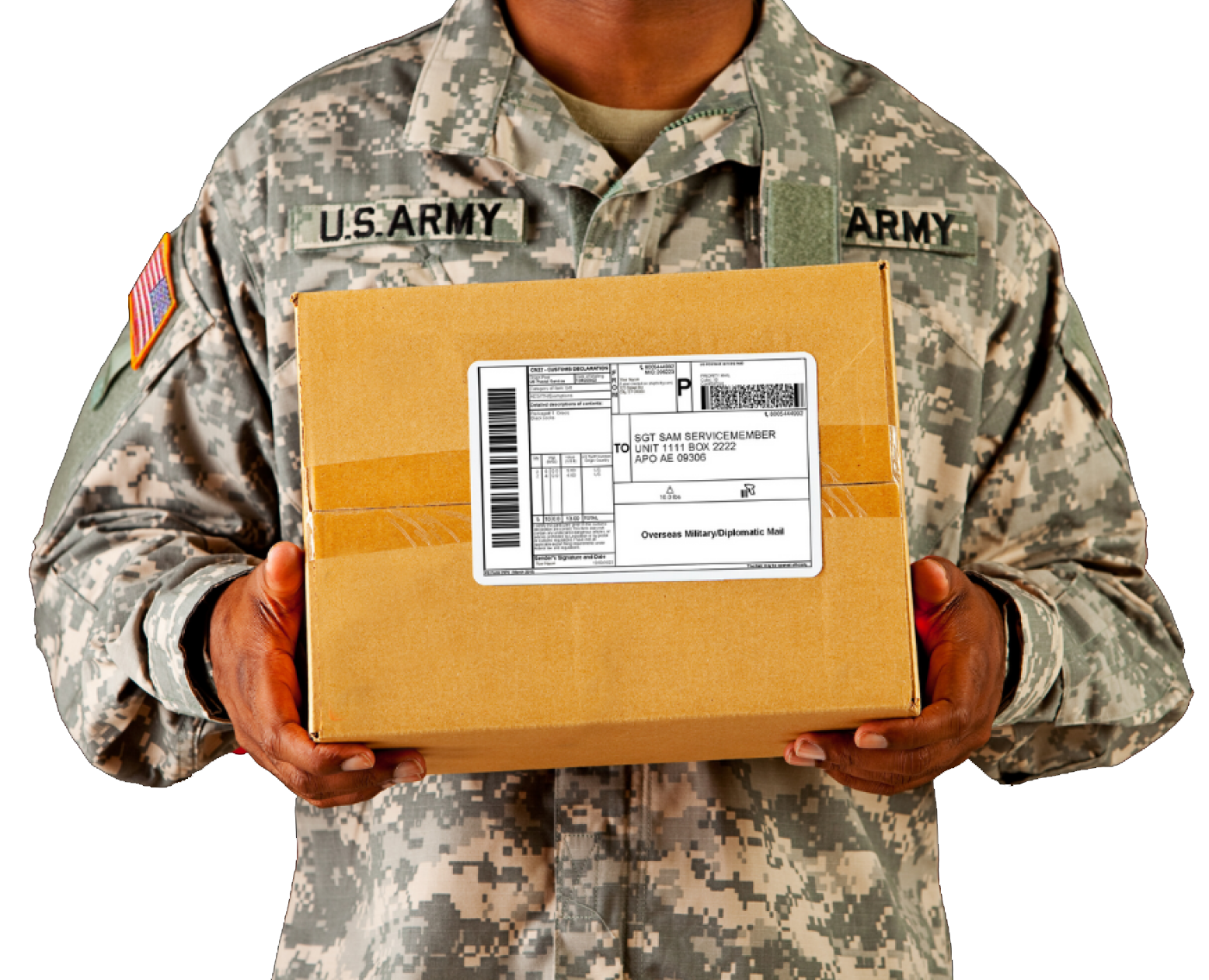 An Army officer holding a care package they received