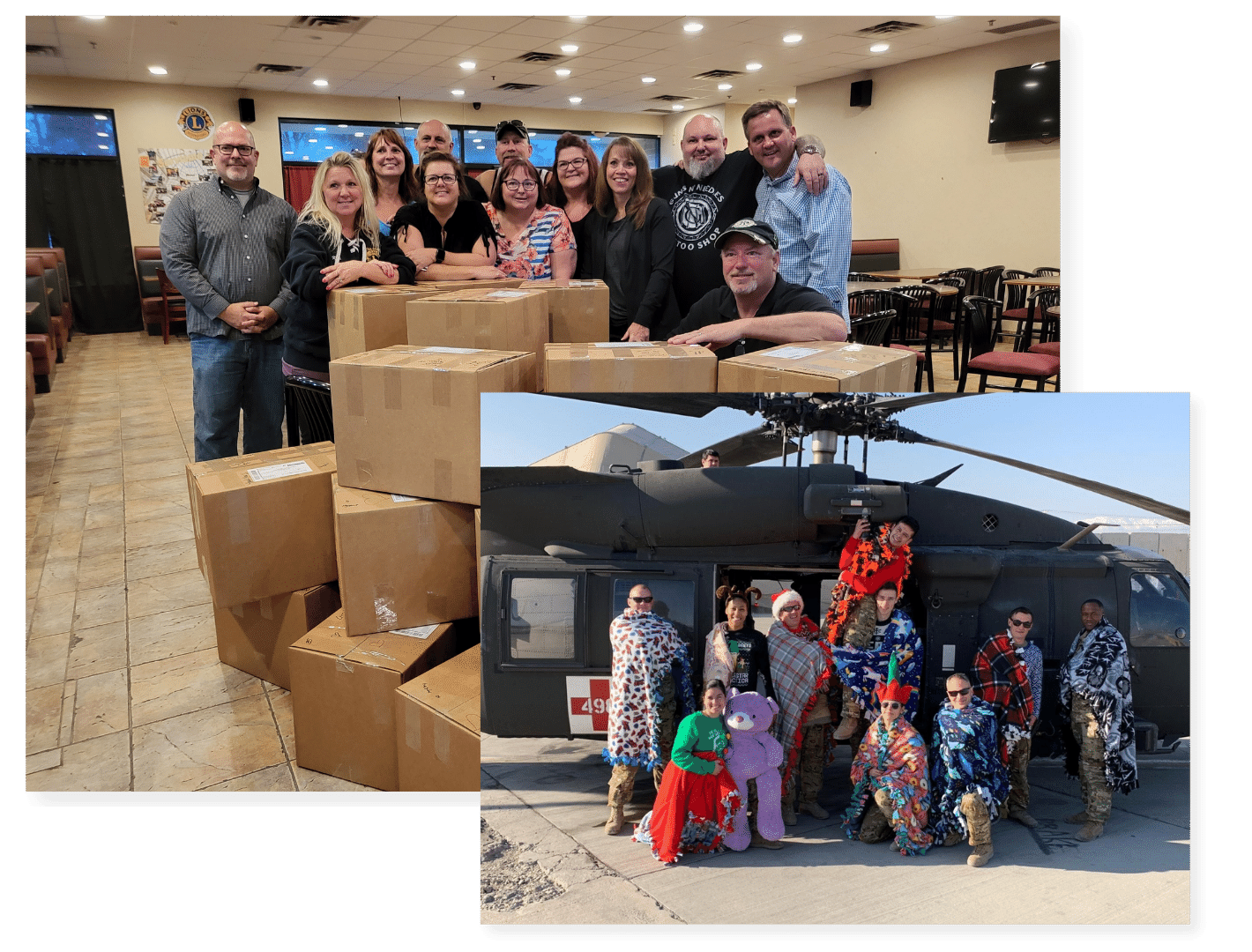 volunteers shipping hand made blankets to service members overseas, and a photo of the service members wearing their new blankets in front of a medevac helicopter