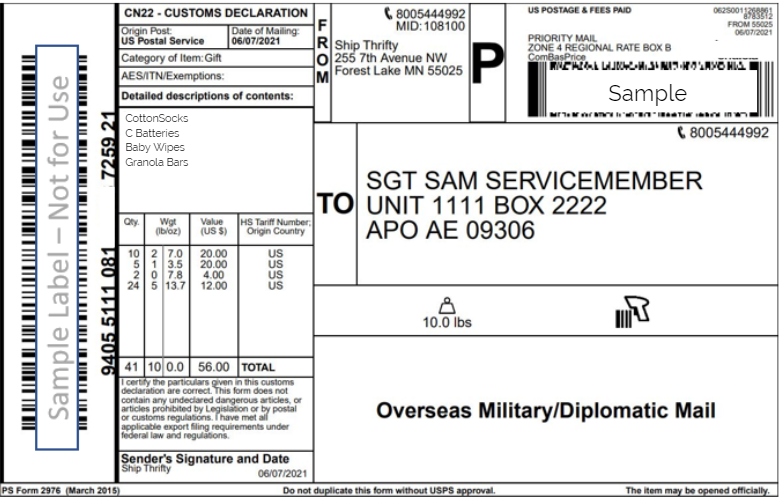 A customs declaration form sample